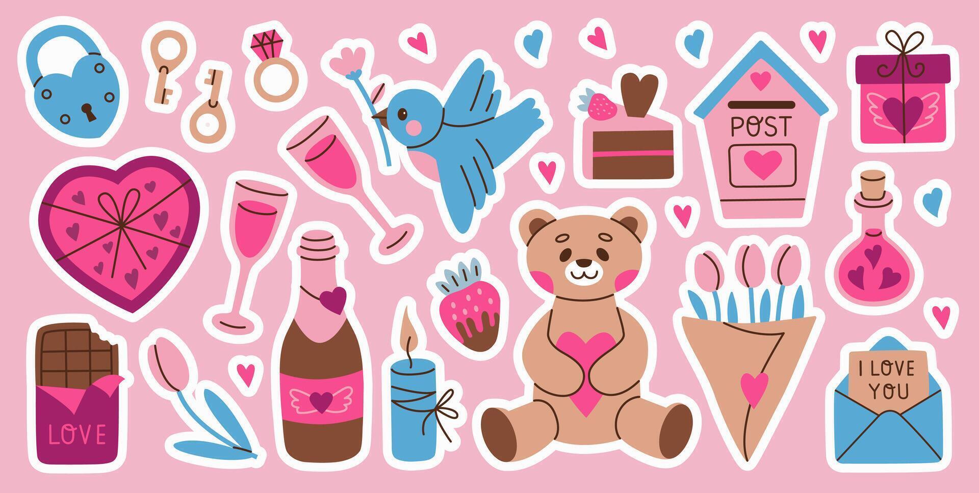 Valentine's day vector hand drawn stickers set. Gift, heart, dessert, floral bouquets, candy, bear, birdie and other decoration. Cartoon style.