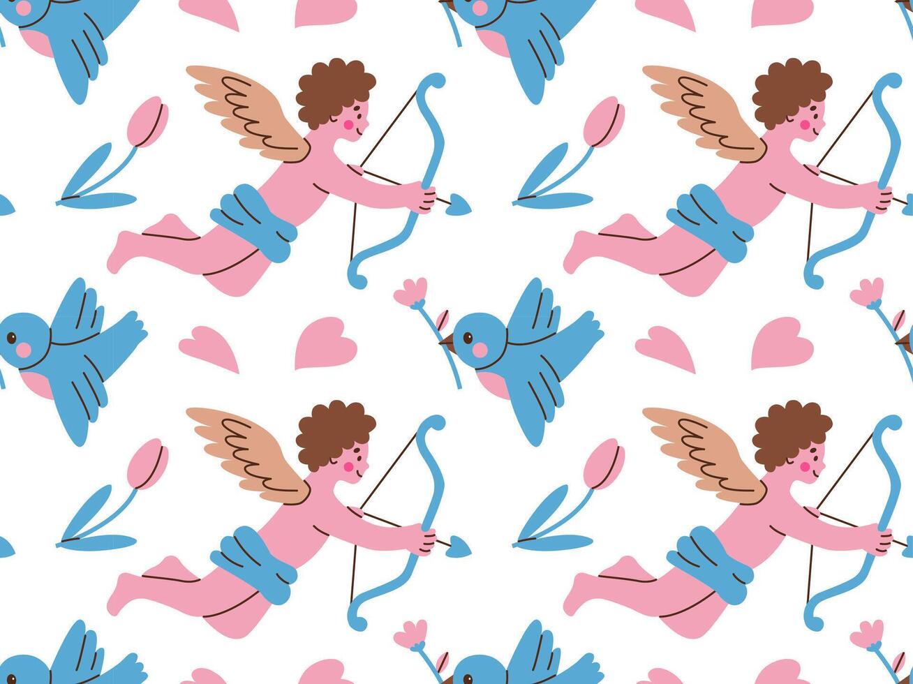Valentine's day vector hand drawn seamless pattern. Cartoon style heart, flower, angel, bird. Flat vector illustration on white background.