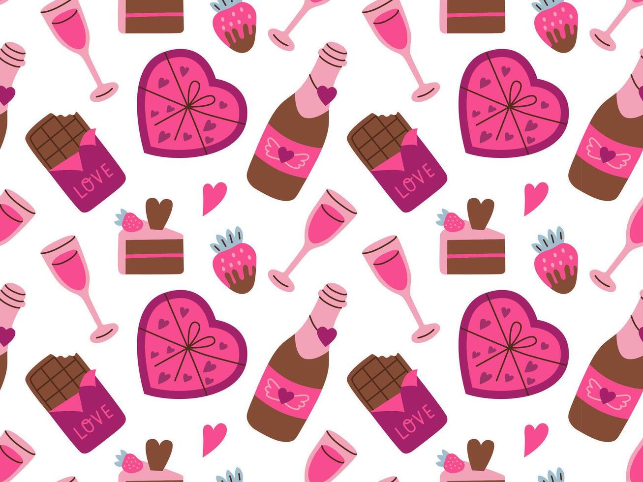 Valentine's day vector hand drawn seamless pattern. Cartoon style heart, chocolate, sweets. Flat vector illustration on white background.
