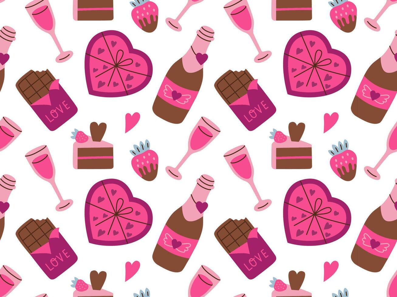 Valentine's day vector hand drawn seamless pattern. Cartoon style heart, chocolate, sweets. Flat vector illustration on white background.