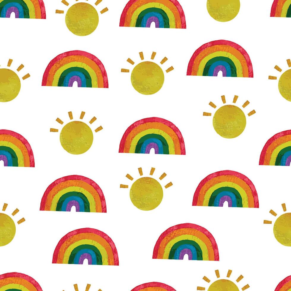 watercolor hand drawn seamless pattern with rainbow and sun vector