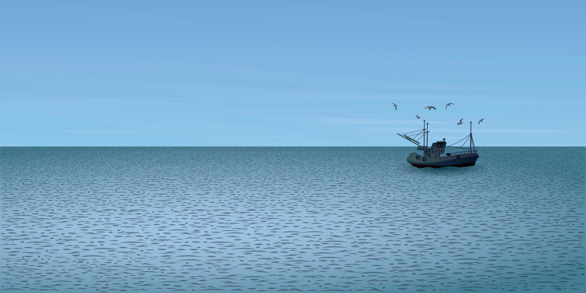 Seascape with fishing boat followed by seagulls in evening vector illustration.