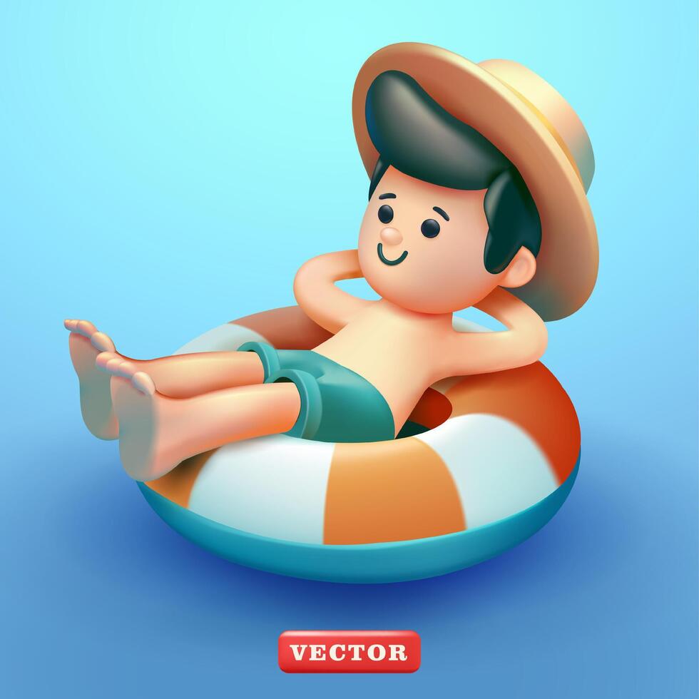 Boy relaxing on a float, 3d vector. Suitable for vacation, summer and design elements vector
