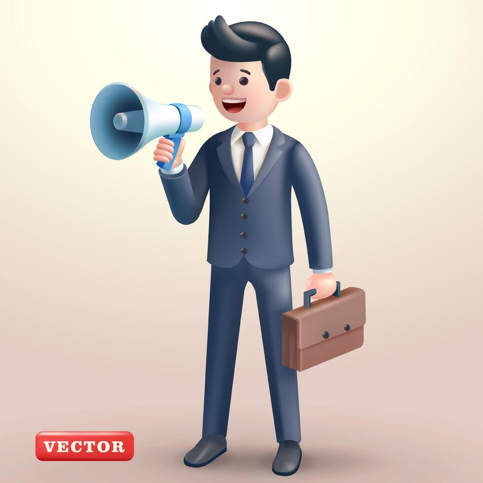 An office man talking with a megaphone, 3d vector. Suitable for business and marketing vector