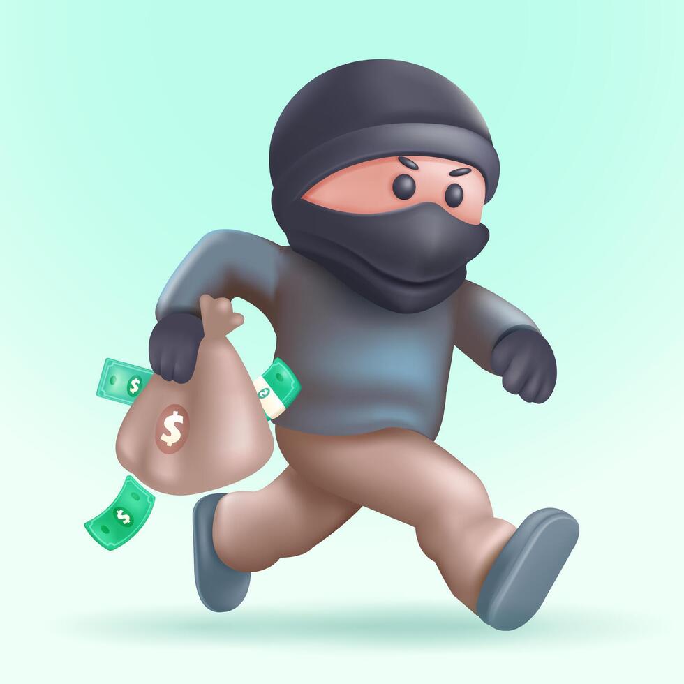 enmascarado ladrón que lleva un bolso de dinero. 3d vector, adecuado para diseño elementos vector