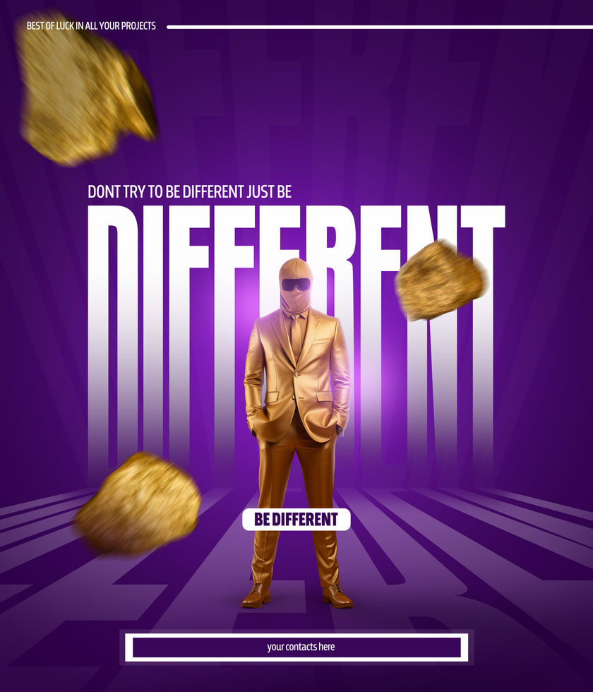 free psd social media design , be different, golden and purple color