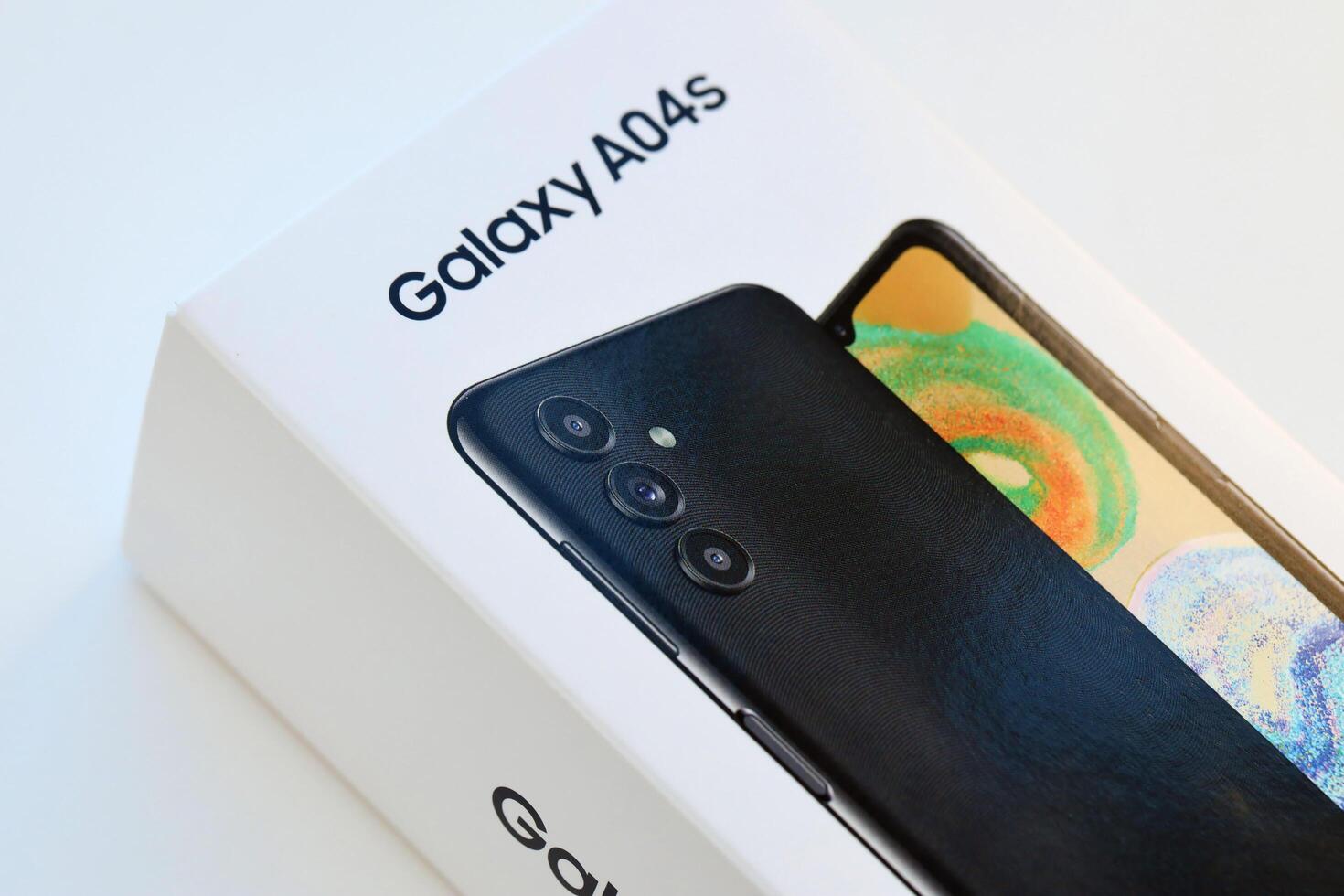 KYIV, UKRAINE - 4 MAY, 2023 Samsung Galaxy A04 Android smartphone has 6.5-inch PLS LCD panel with Infinity-V design photo