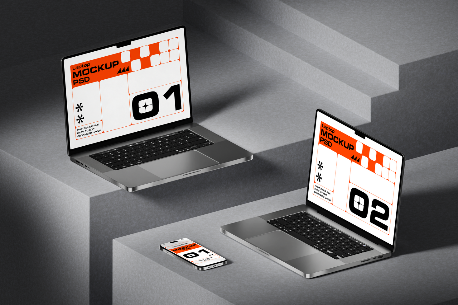 PSD mockup concept with smartphone and laptop screen in shadow