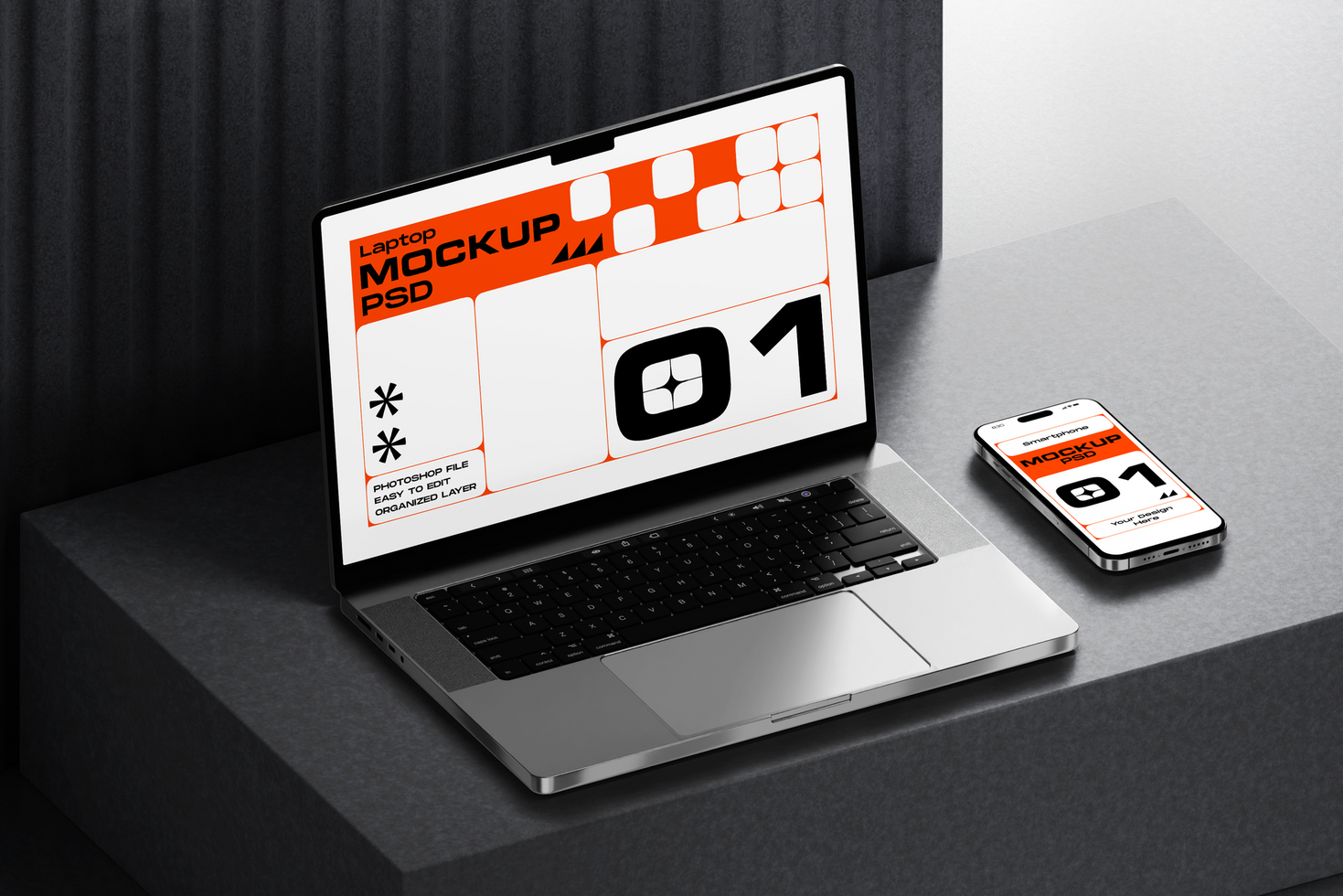 PSD mockup concept with smartphone and laptop screen in shadow