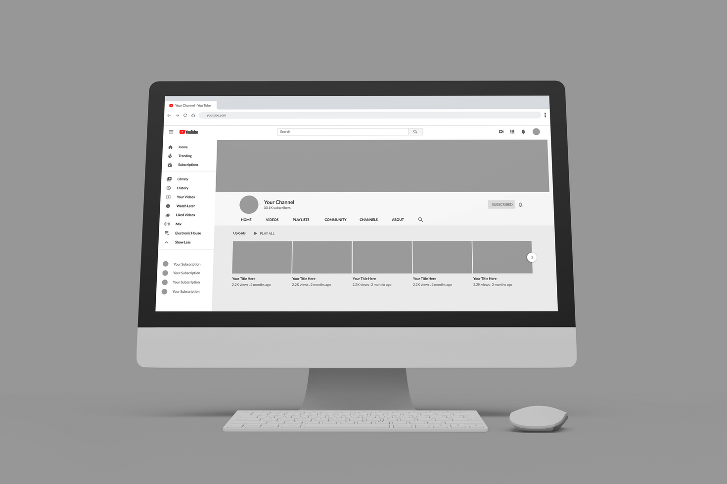 Realistic computer mockup showing Youtube channel psd