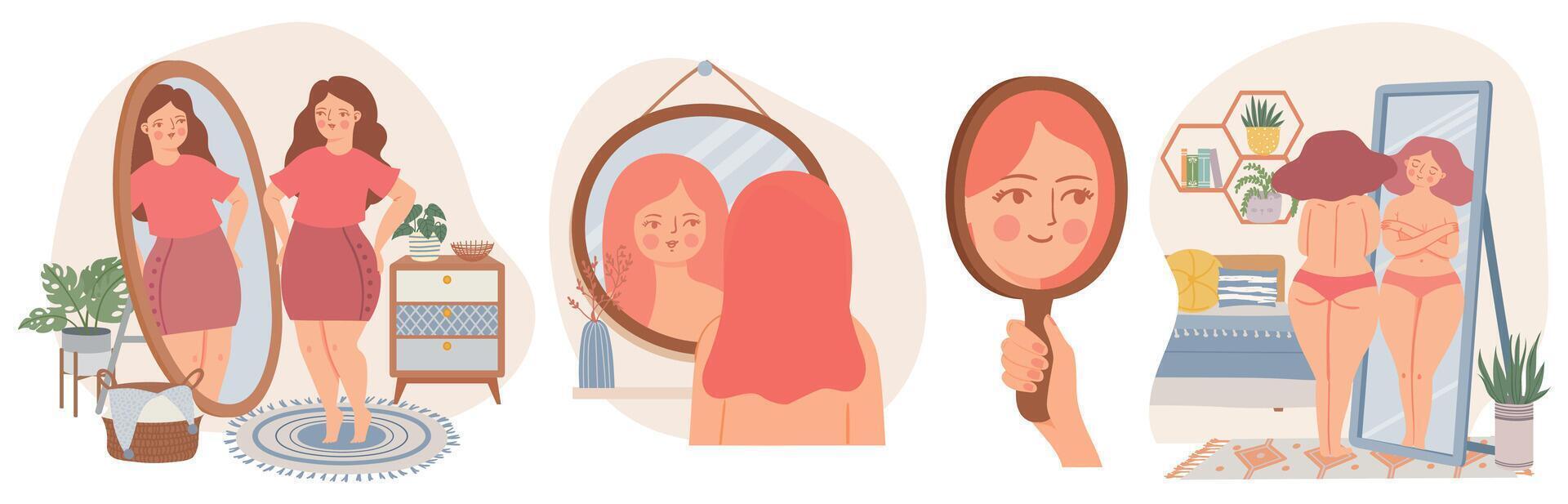 Women with mirrors. Confident young female look at reflection in mirror. Self acceptance concept. Girls in scandinavian interior vector set