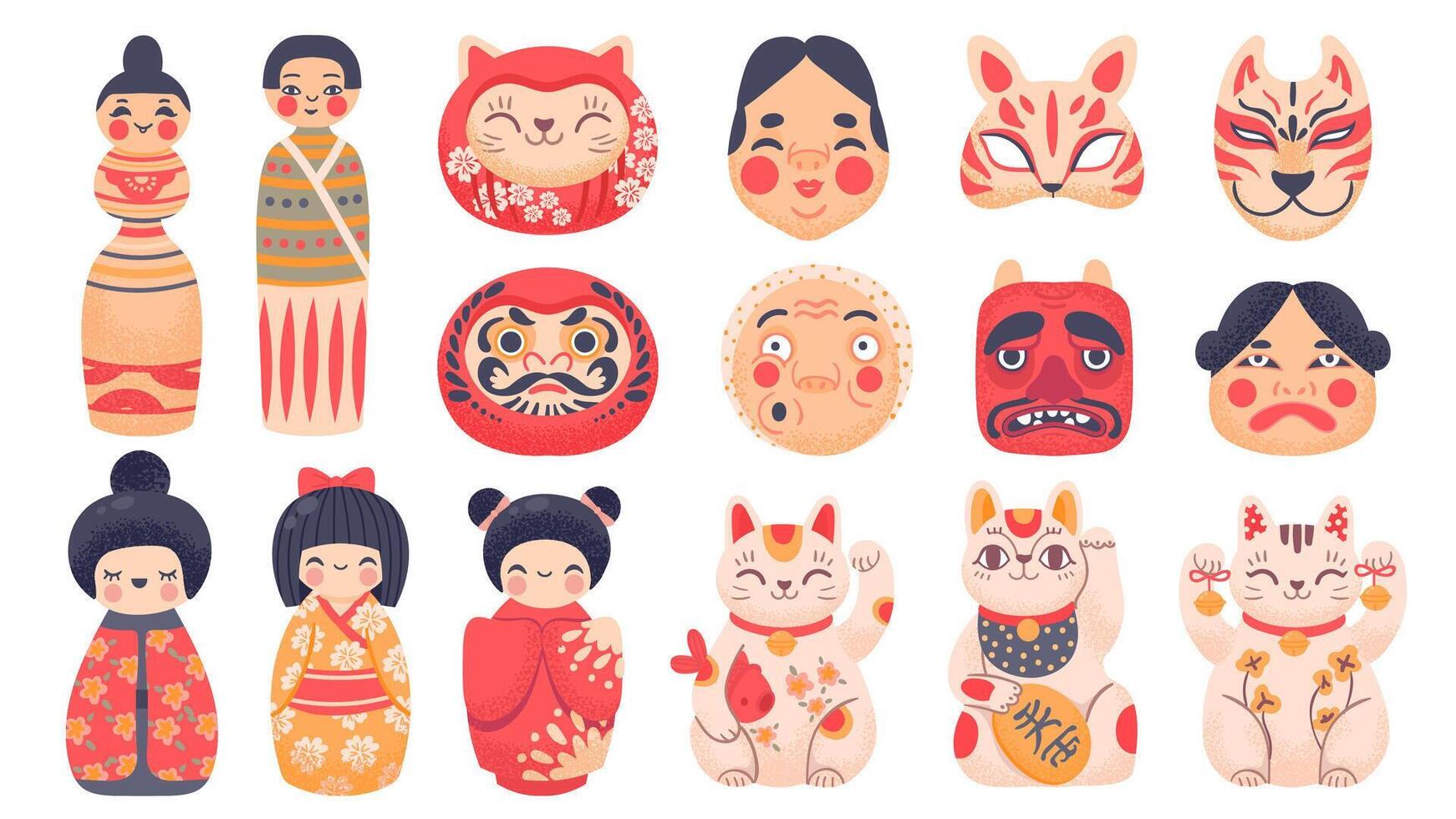 Japanese traditional toys. Daruma, kokeshi dolls, maneki neko lucky cat and mask from Japan. Cute cartoon asian culture symbols vector set
