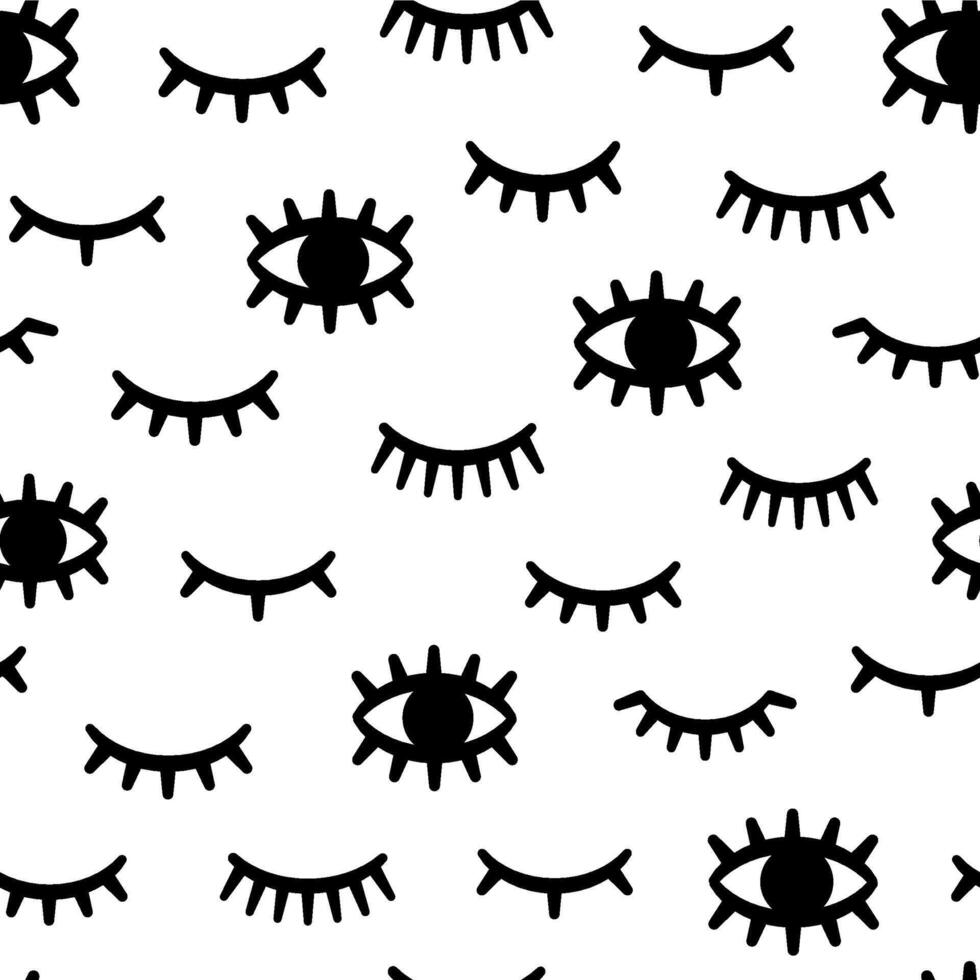 Seamless eyelash pattern. Print with winking, closed and open female eye with long lashes. Woman makeup. Fashion monochrome vector texture