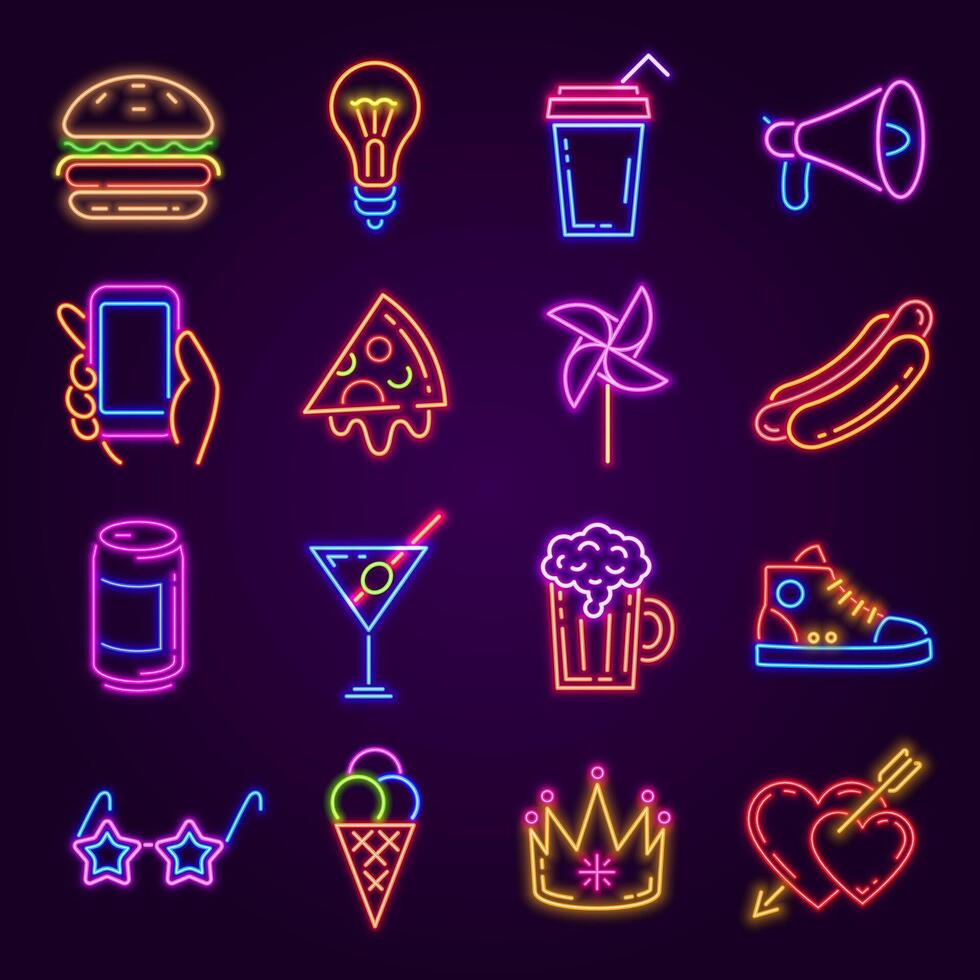 Neon icons. Glowing light for disco party. Night club or bar signs. Burger, pizza, cocktail, hand with phone and fashion glasses vector set