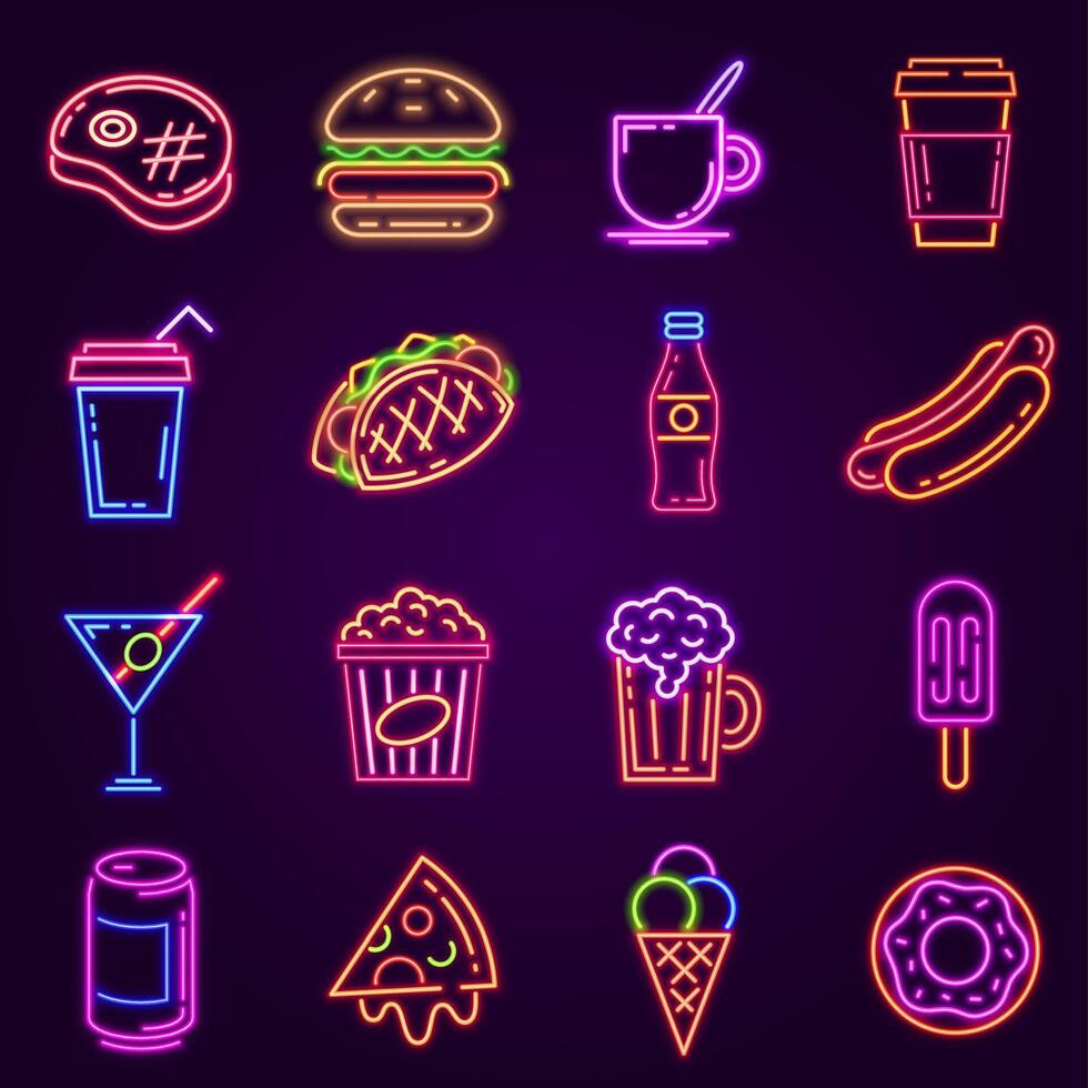 Neon fast food. Glowing icon for cafe and bar street sign with burger, popcorn, hot dog, coffee and pizza. Cocktail and beer club vector set