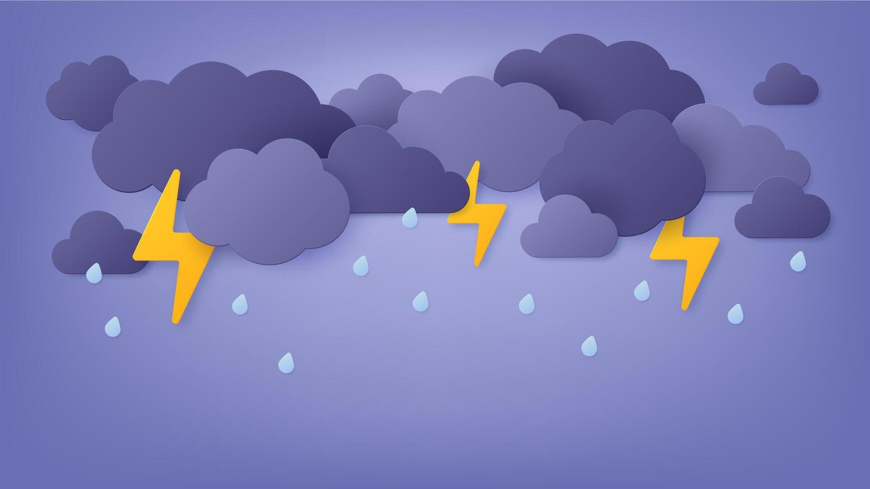 Paper cut rain. Rainy sky with cloud and thunderstorm. Origami spring storm with lightning and thunder. Monsoon weather landscape vector art