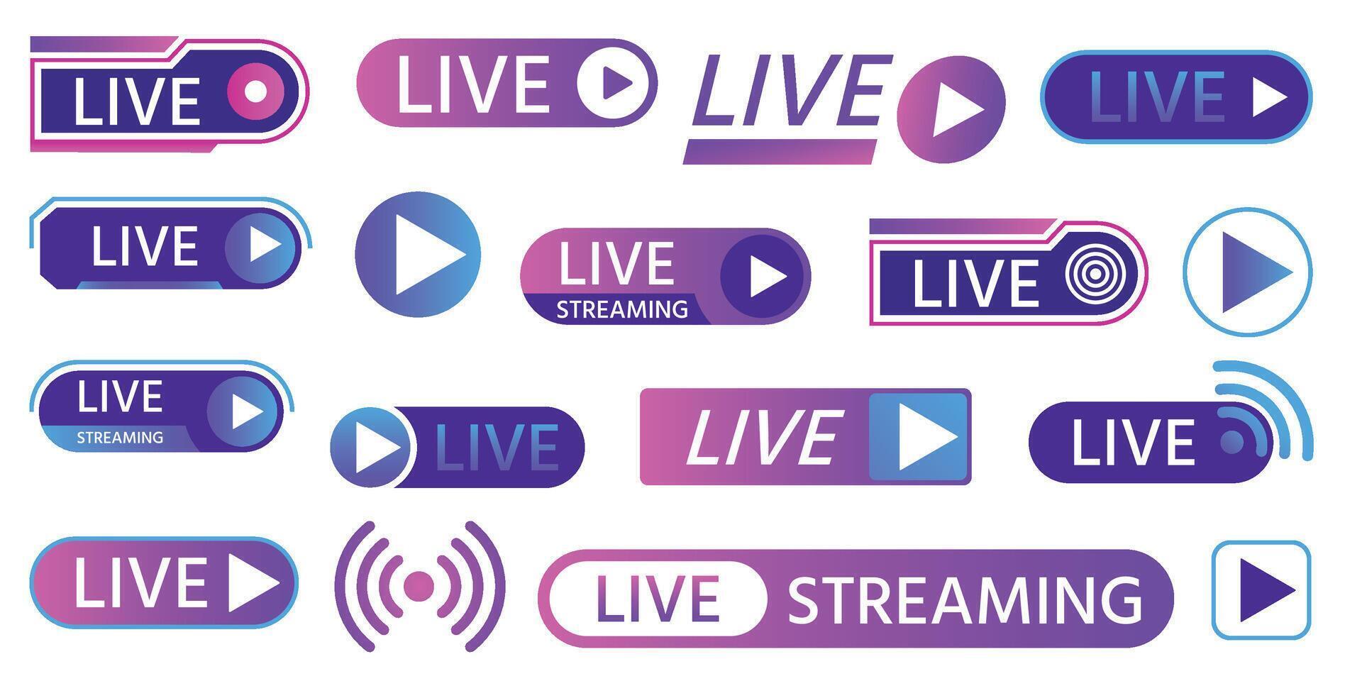 Live icons for game streaming, tv broadcasting, show or news on air. Buttons and bars for social media, online living video event vector set