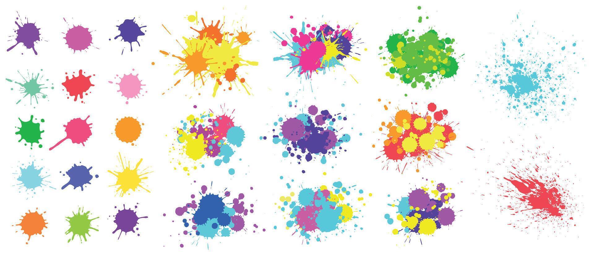 Color paint splatter. Spray paint blot element. Colorful ink stains mess. Watercolor spots in raw, splashes vector