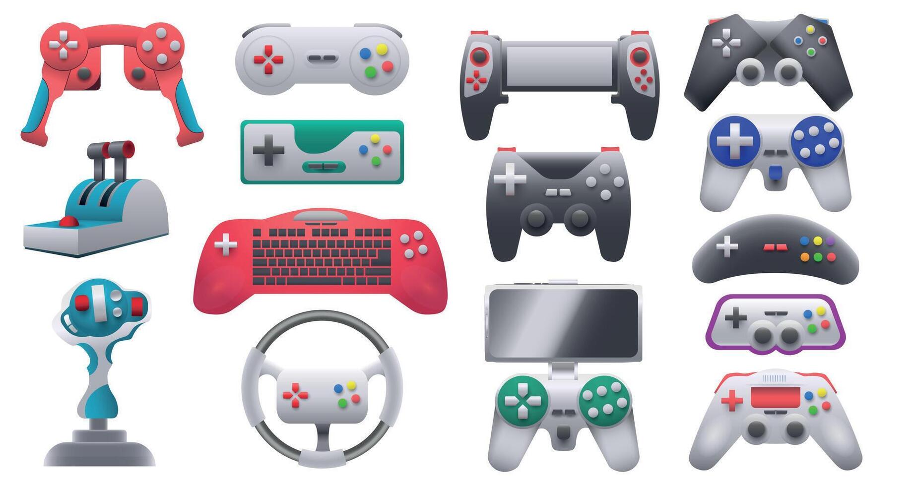 Modern and retro video game consoles, gamepads and joysticks. Wireless gaming control gadgets and steering wheel. Gamer devices vector set