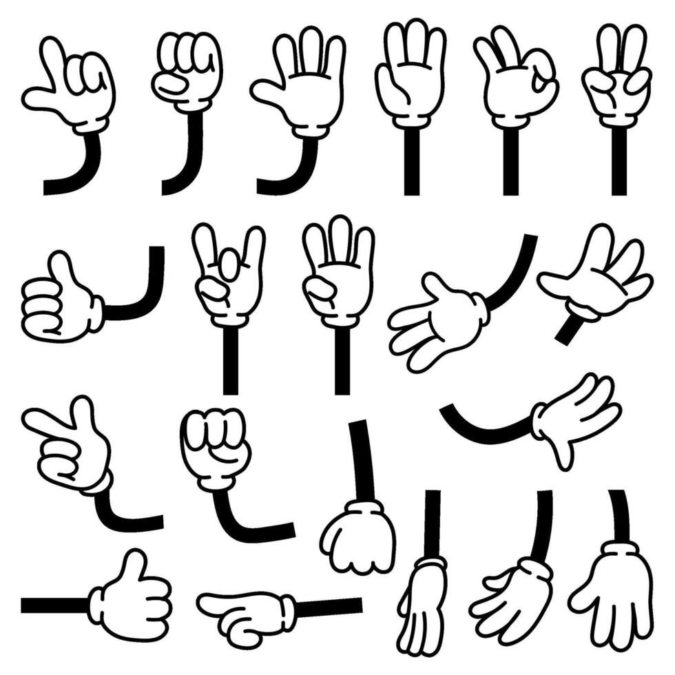 Retro comic hands gestures in gloves for cartoon characters. Doodle arm pointing finger. Thumb up, fist, rock and victory signs vector set