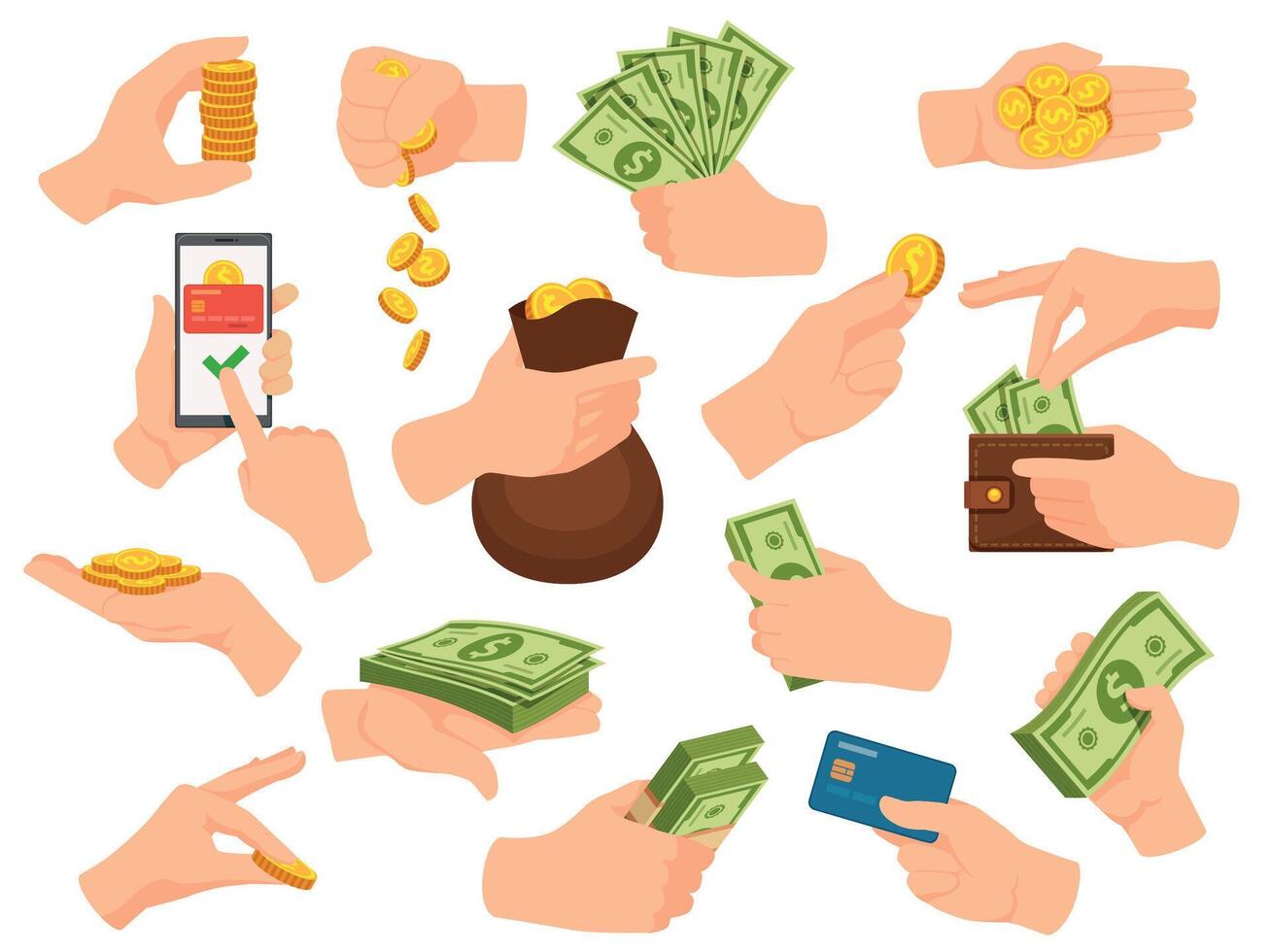 Hands hold cash. Human arm give money and pay in dollar bill banknotes, coin piles, card and phone app. Hand with wallet and bag vector set