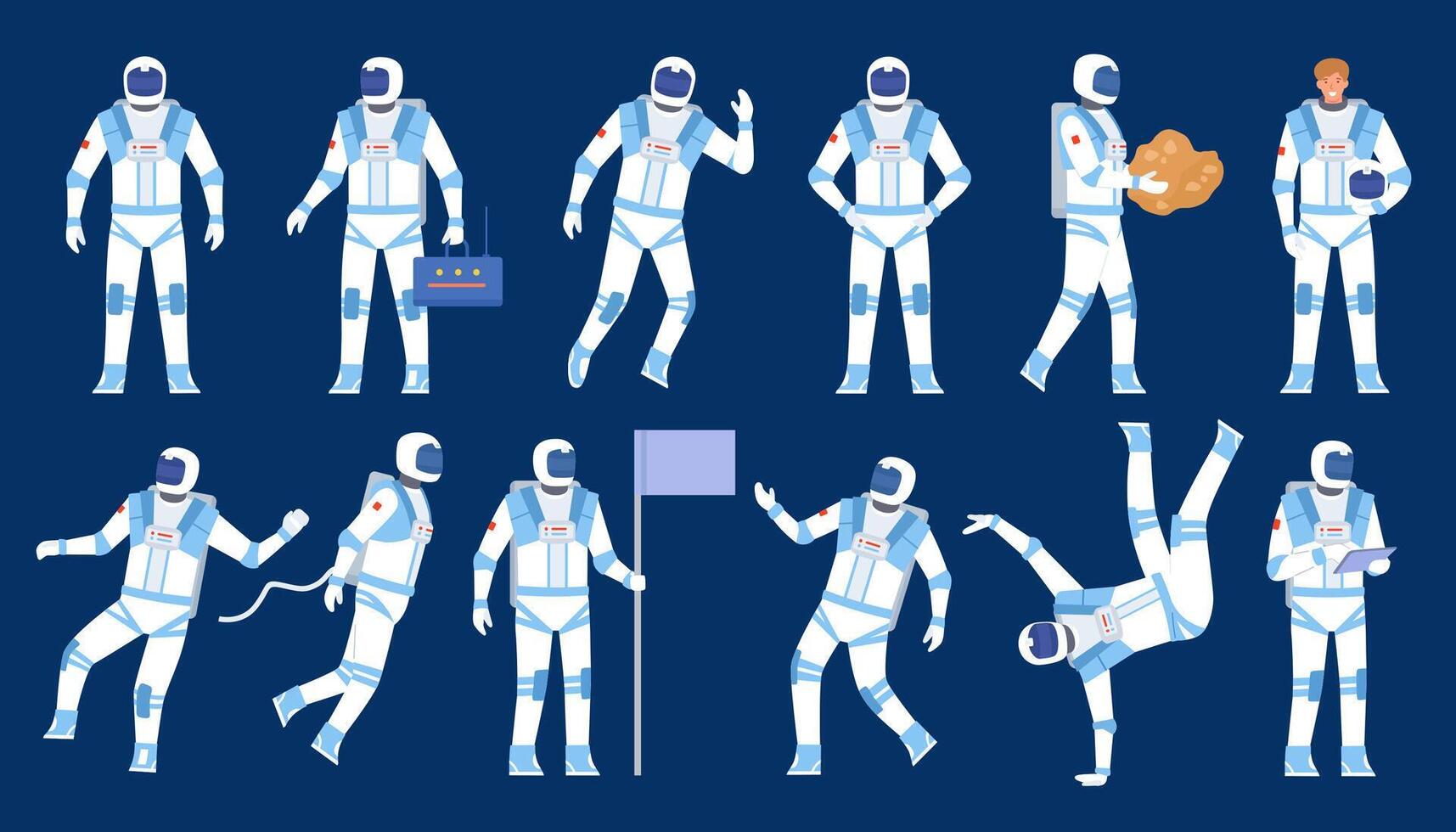 Astronaut poses. Spaceman dancer, stand with flag, float in space. Flat character in cosmonaut suit and helmet. Cosmic explorers vector set