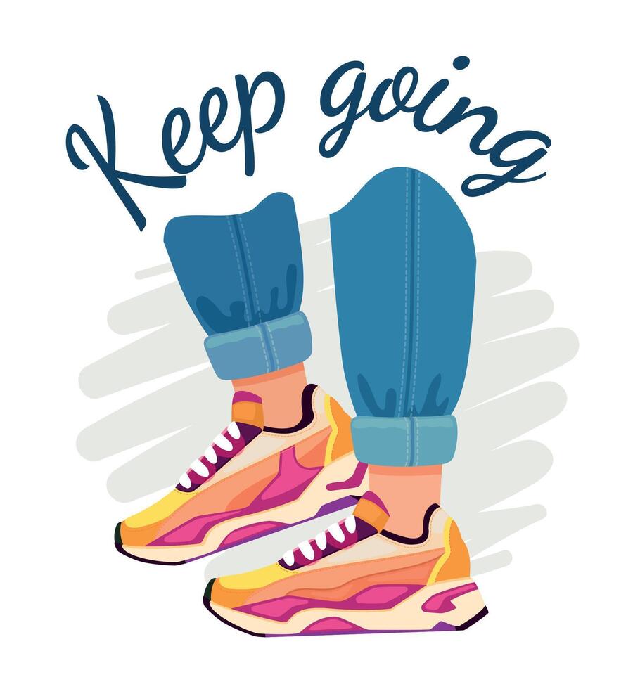 Slogan and sneakers. Street fashion poster with walking feet in jeans and sport shoes, motivational quote. Keep going vector t-shirt print