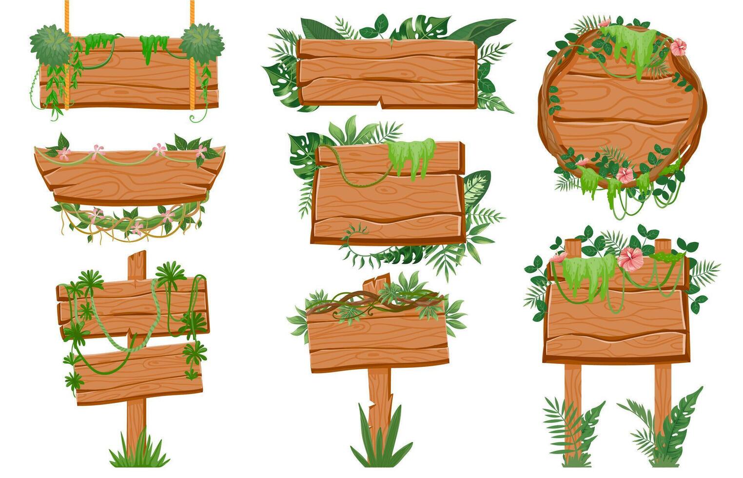 Jungle wooden signboards. Wood board with tropic leaves, moss and liana plants for game ui. Cartoon rainforest road signs on rope vector set