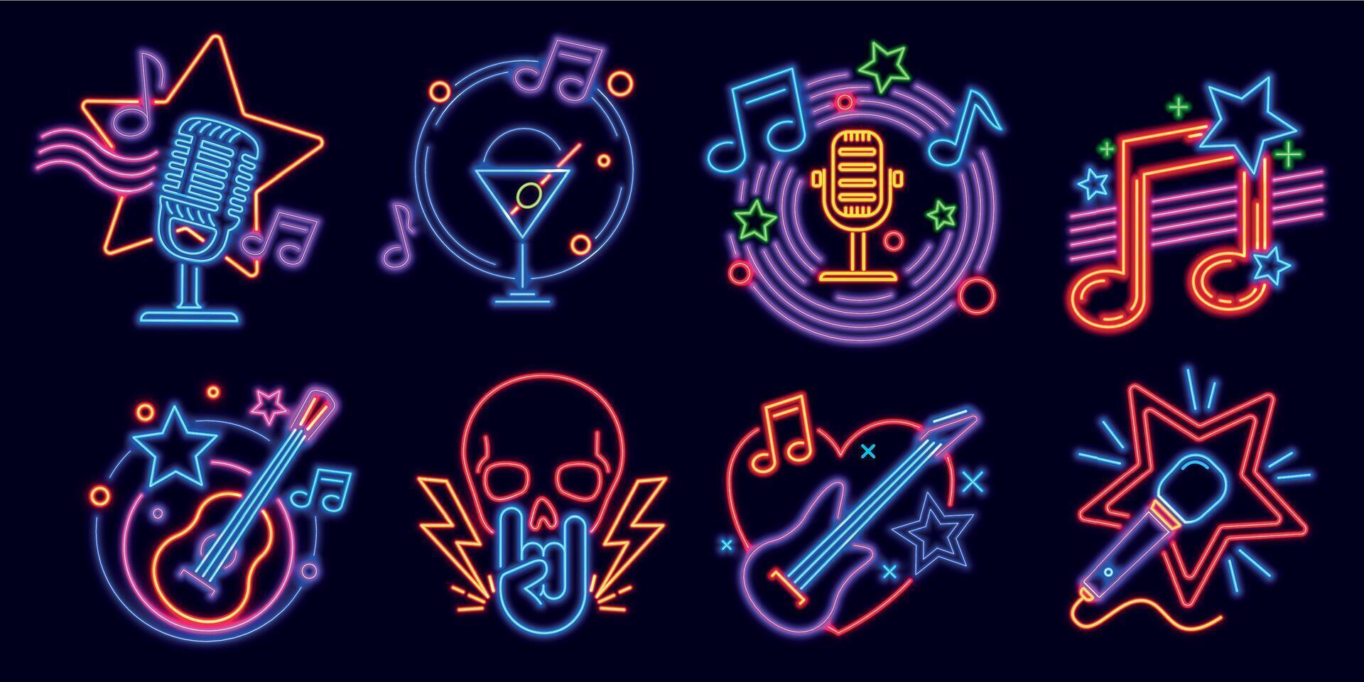 neón señales para karaoke club y estar arriba comedia espectáculo. música fiesta noche brillante logo con micrófonos y nota. karaoke bar evento vector conjunto