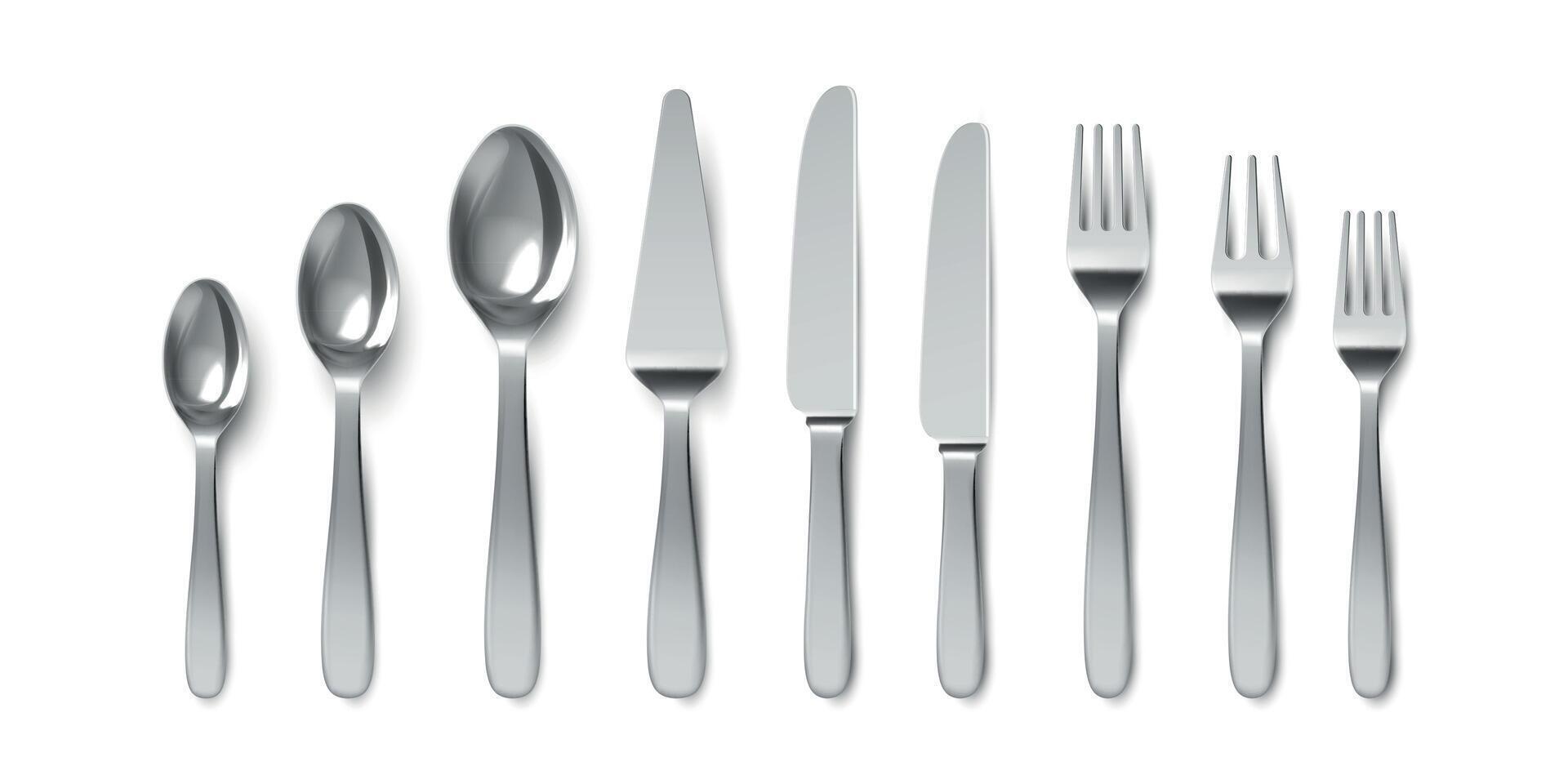 Realistic cutlery. Spoons, forks and table knives. Silverware utensil for serving. Dessert spoon and cake knife. Metal tableware vector set