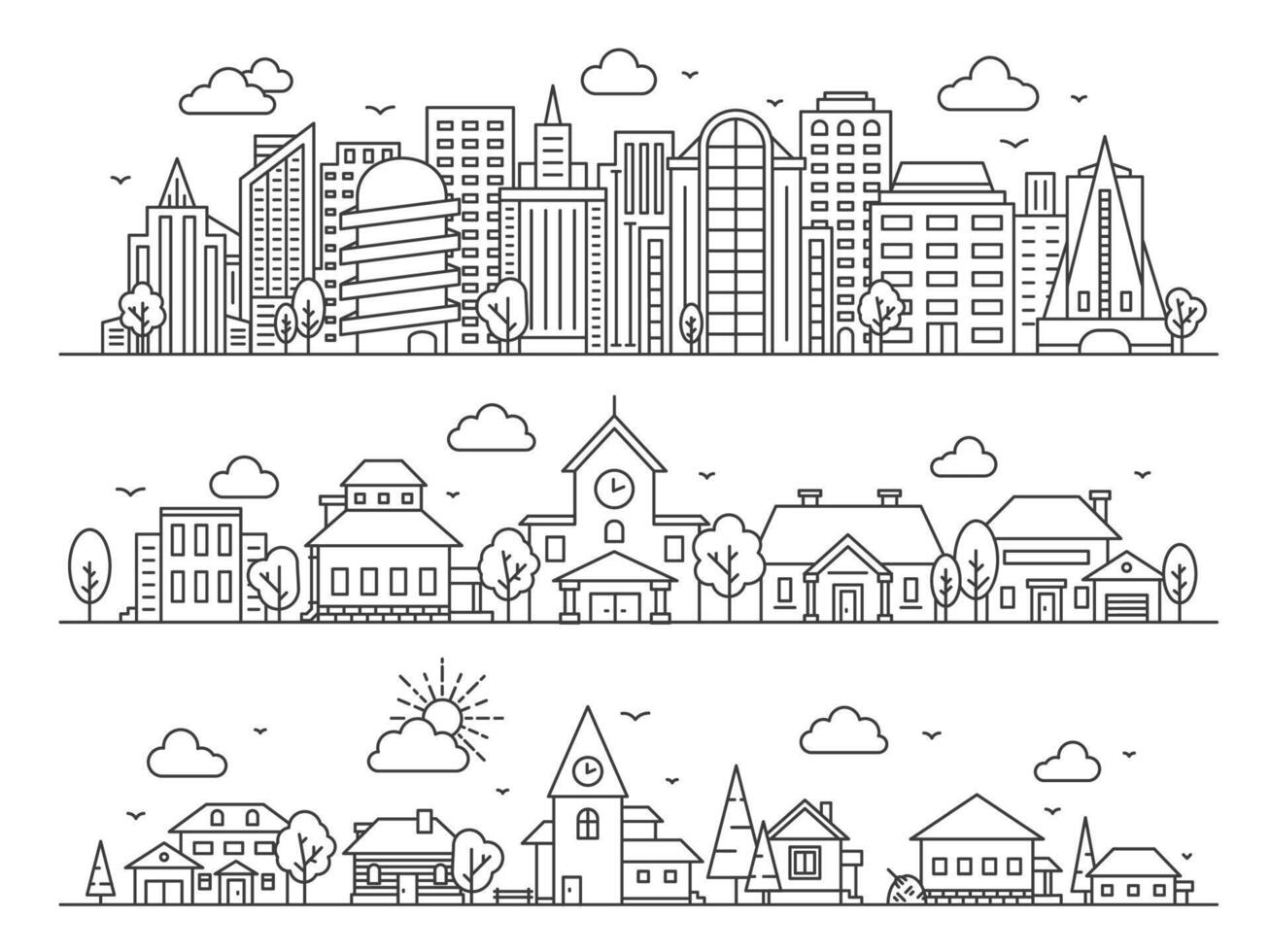 Line city, town and village. Landscape panoramas with skyscrapers, cottages and countryside houses. Urban and rural streets vector concept