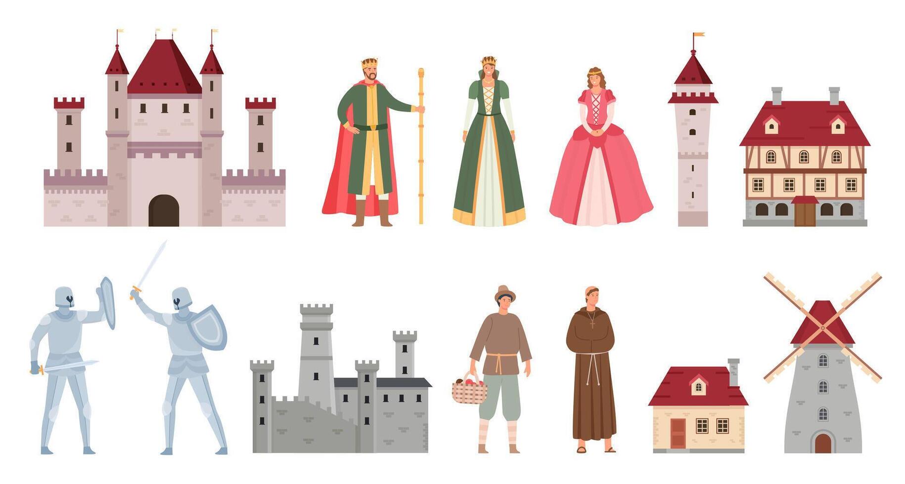 Medieval characters. Cartoon middle ages king, queen, princess, knights duel on sword, peasant and monk. Ancient castle and house vector set