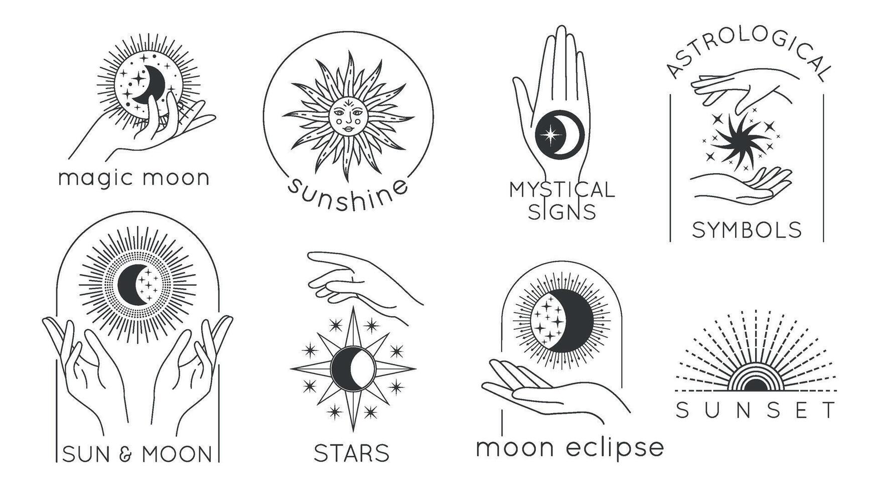 Mystic hands with star, sun and moon line logos. Astrology esoteric design with magic woman hands, sunset and sunshine minimal vector set