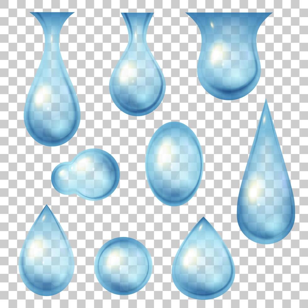 Water drops and bubbles. 3d realistic fresh blue droplet icons. Tear, dew or raindrop. Nature clean liquid shapes. Freshness logo vector set