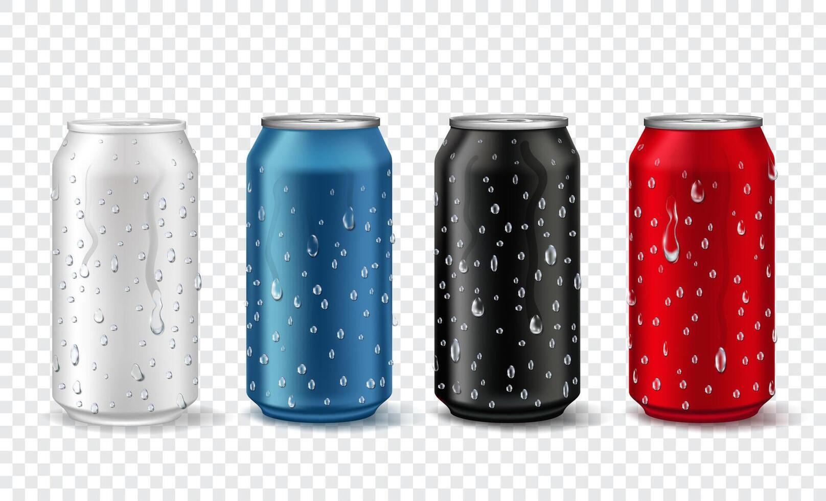 Metal cans with drops. Realistic aluminium can mockup in white, red, blue and black color. Soda or beer package with condensation vector set