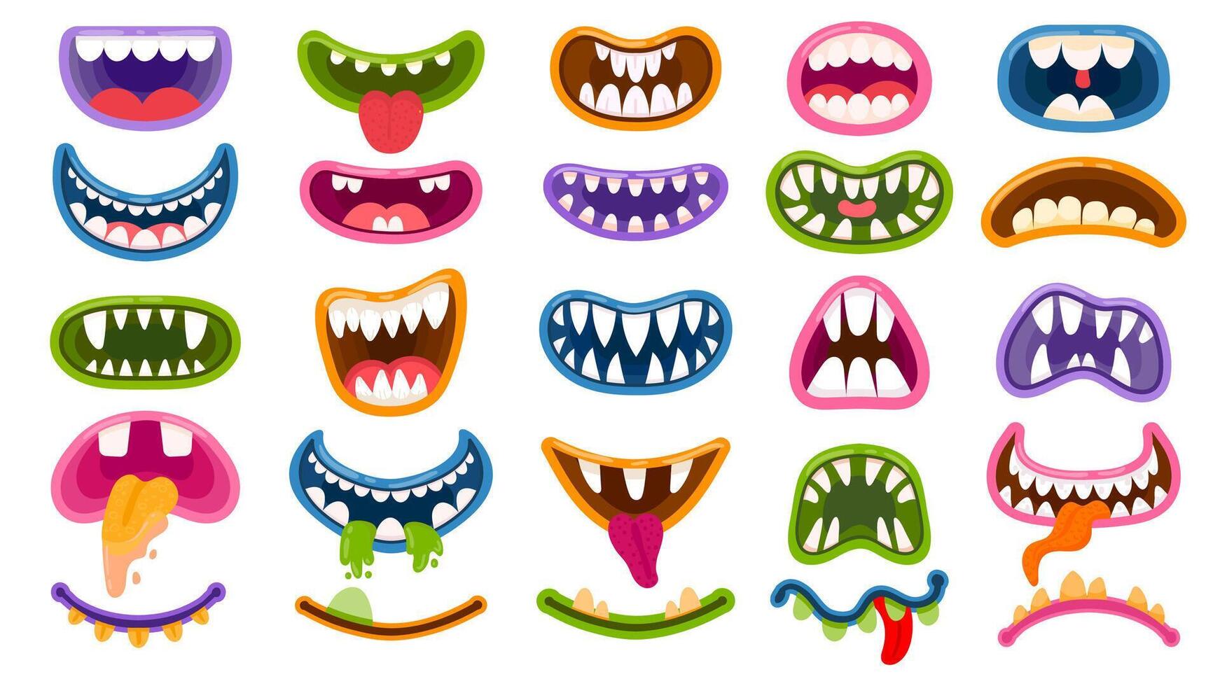 Cartoon monster mouths. Scary and funny mouth with teeth and tongue. Halloween masks, monsters joker laugh and creepy clown smile vector set