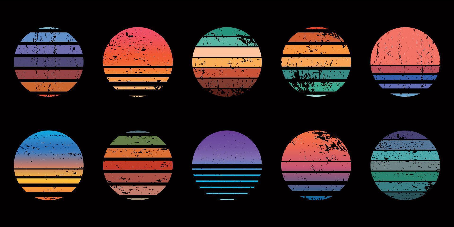 Retro 90s abstract ocean sunset circle badges. Surf beach graphic sunrise with gradient and grunge texture. Neon vintage sunset vector set