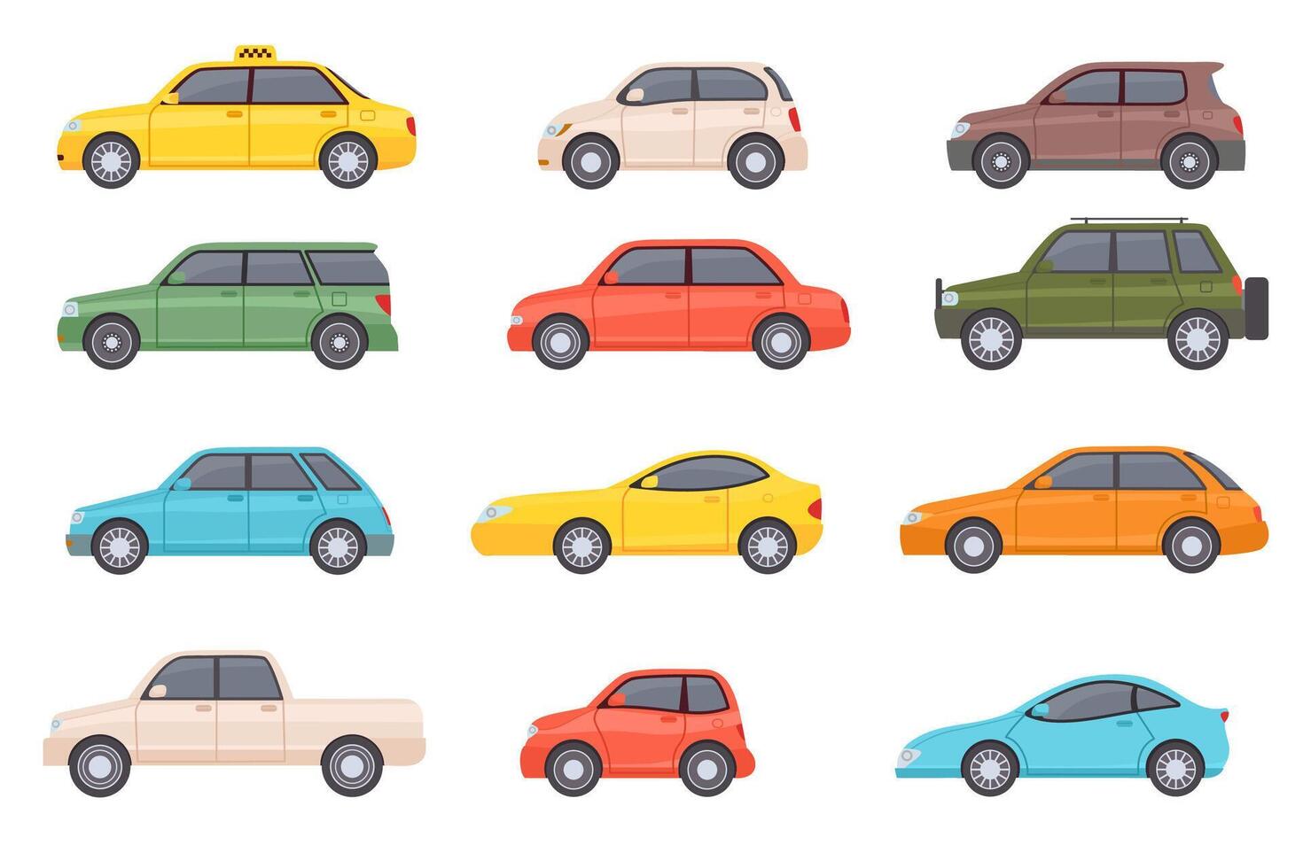Flat cars. Cartoon vehicle side view. Taxi, minivan, mini car, suv and pickup truck. City auto transport icons. Automobile design vector set