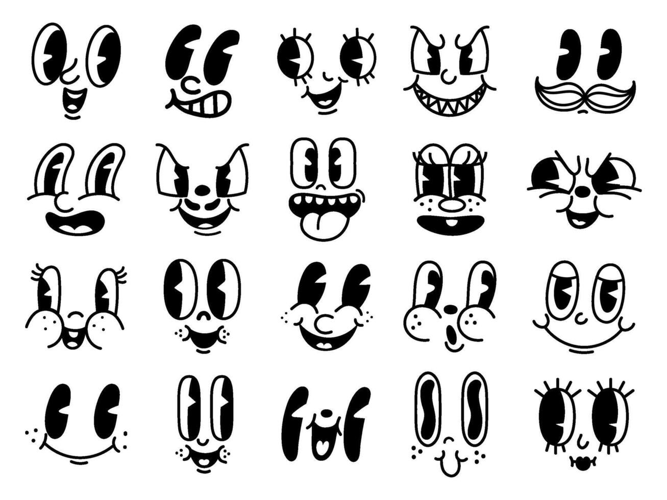 Vintage 50s cartoon and comic happy facial expressions. Old animation funny face caricatures. Retro quirky characters smile emoji vector set