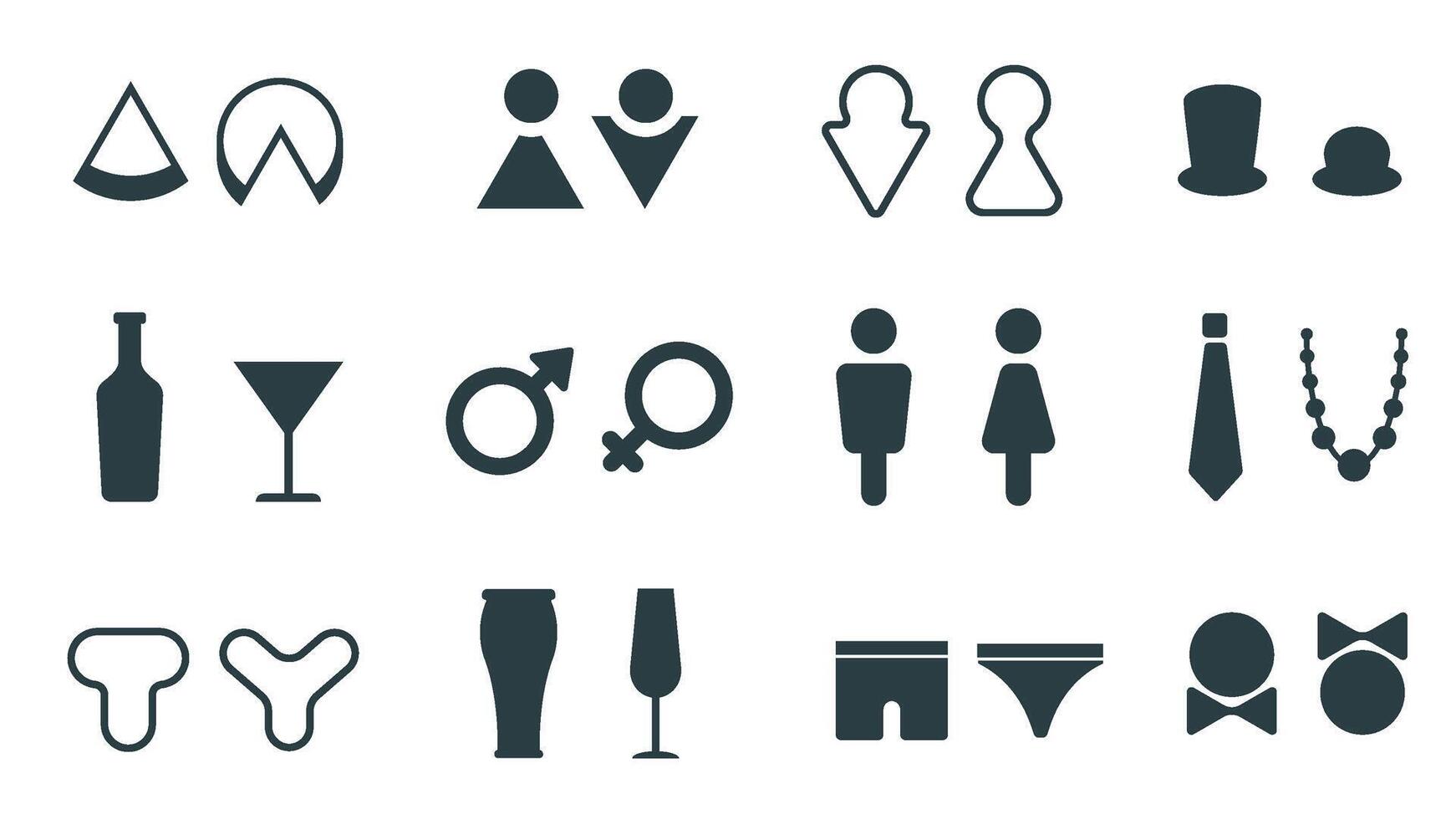 Funny wc signs for men and women, toilet or restroom icons. Male and female bathroom door gender pictogram for cafe or restaurant vector set