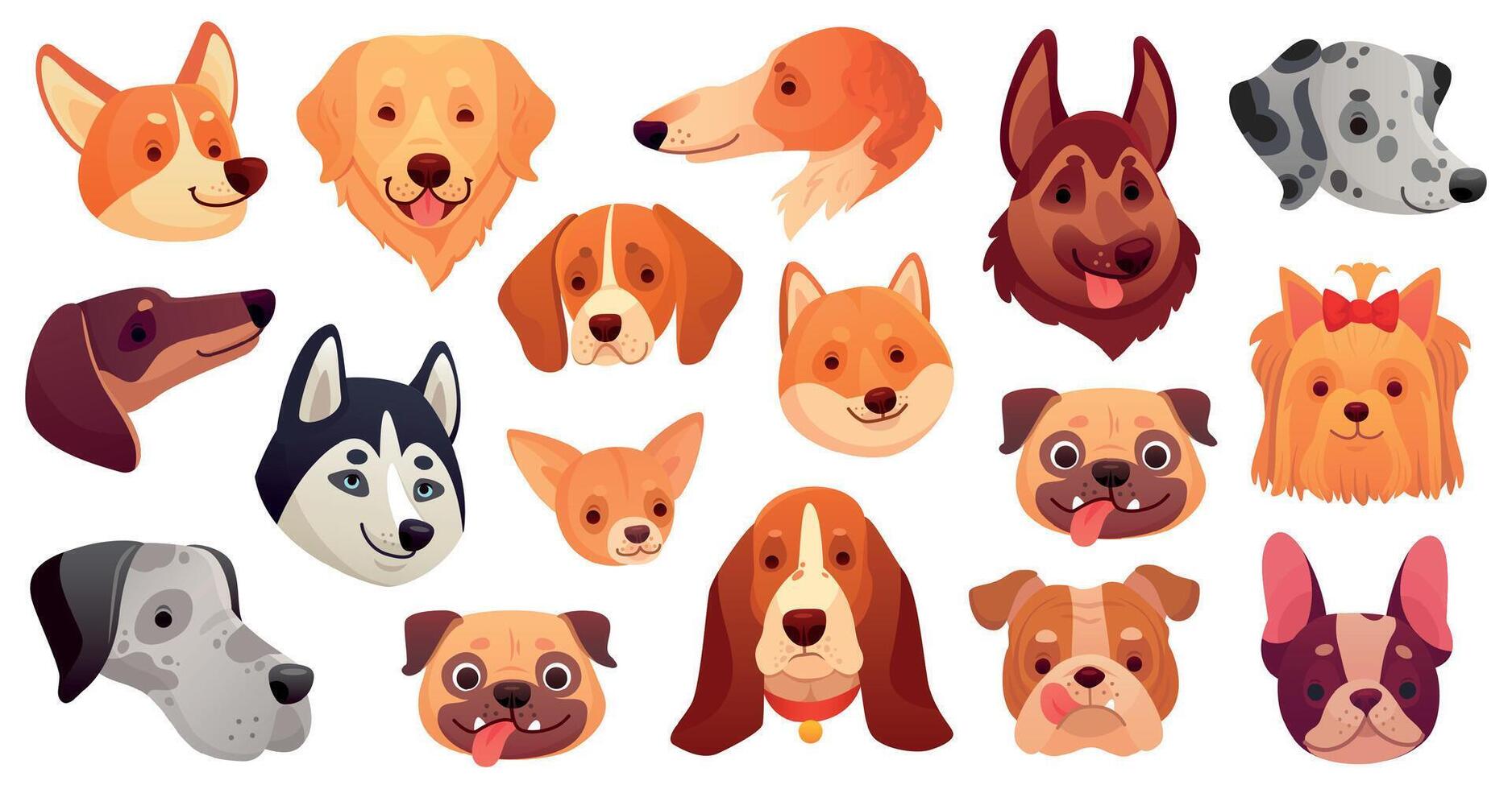 linda perro caras. diferente razas como doguillo, fornido, dálmata, chihuahua y corgi encantador perrito cabezas de pura raza animales vector