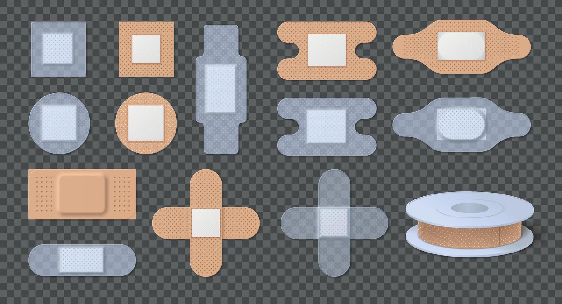 Realistic transparent and beige medical adhesive bandages and plasters. Round wound patches. Elastic antibacterial band aid tape vector set