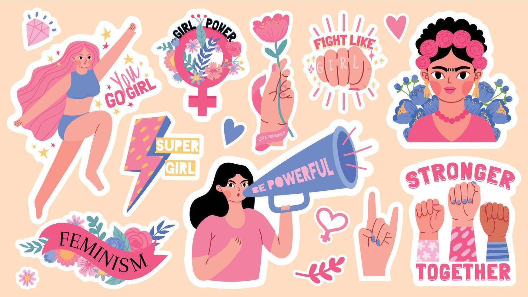 dibujos animados pegatinas con feminismo símbolo y cita, niña fuerza. mujer derechos activista. frida kahlo. feminista fuerte hembra personaje vector conjunto