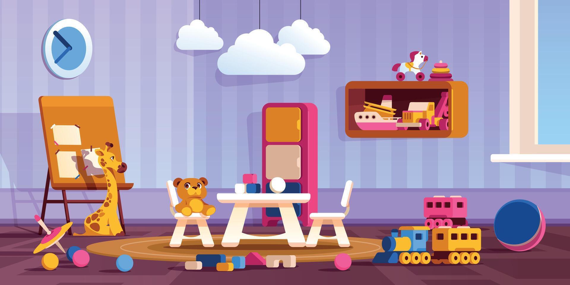 Kindergarten room. Cartoon cute playroom with colorful toys, preschool class with bookshelves and activity toys. Vector illustration