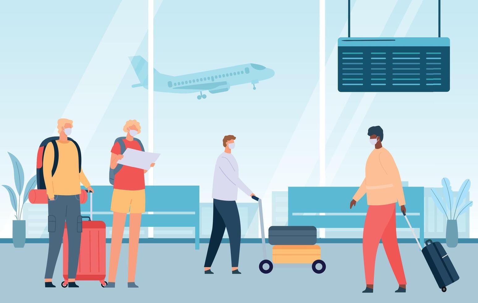 People at airport. Cartoon passengers with luggage waiting for departure in lounge with chairs. Couple with suitcase vector