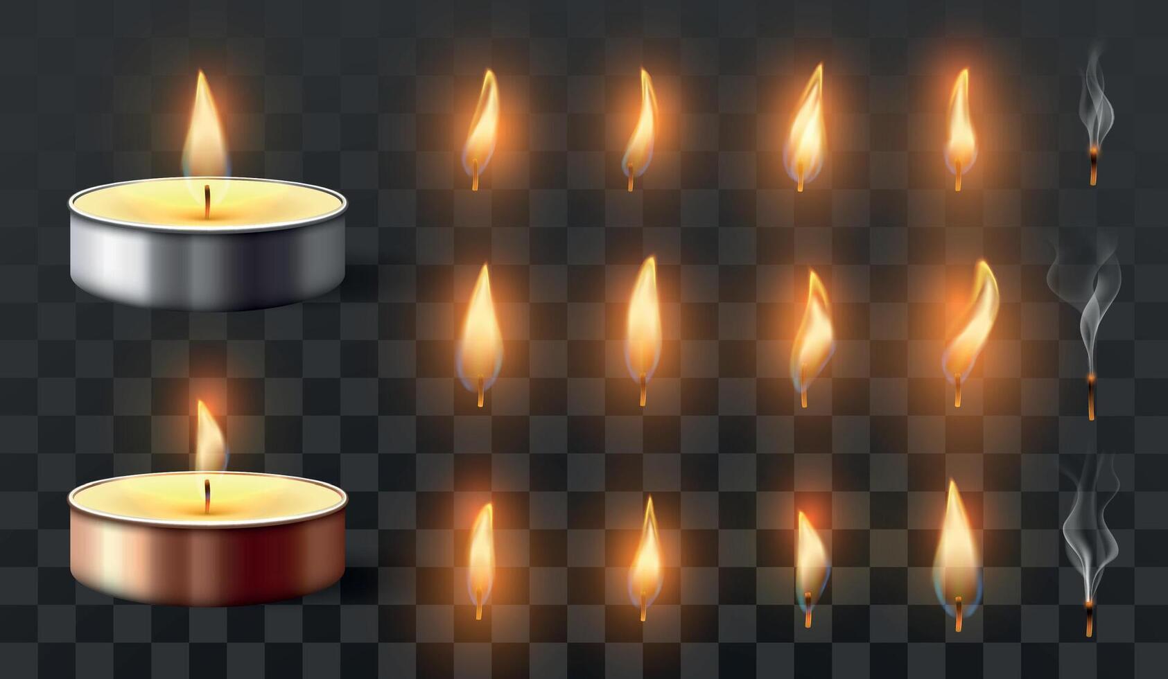 Realistic tea candles with burning flame and extinguished wick. Realistic glowing candlelight in metal case vector