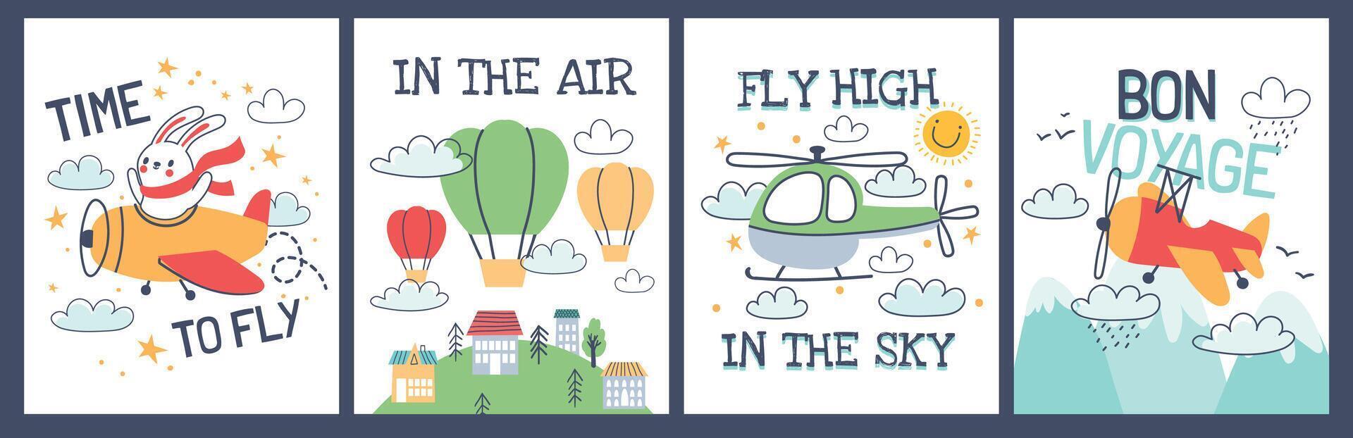 Cartoon baby t shirt prints with airplane and air balloons. Cute animal pilot in plane. Kid travel poster with aircraft transport vector set