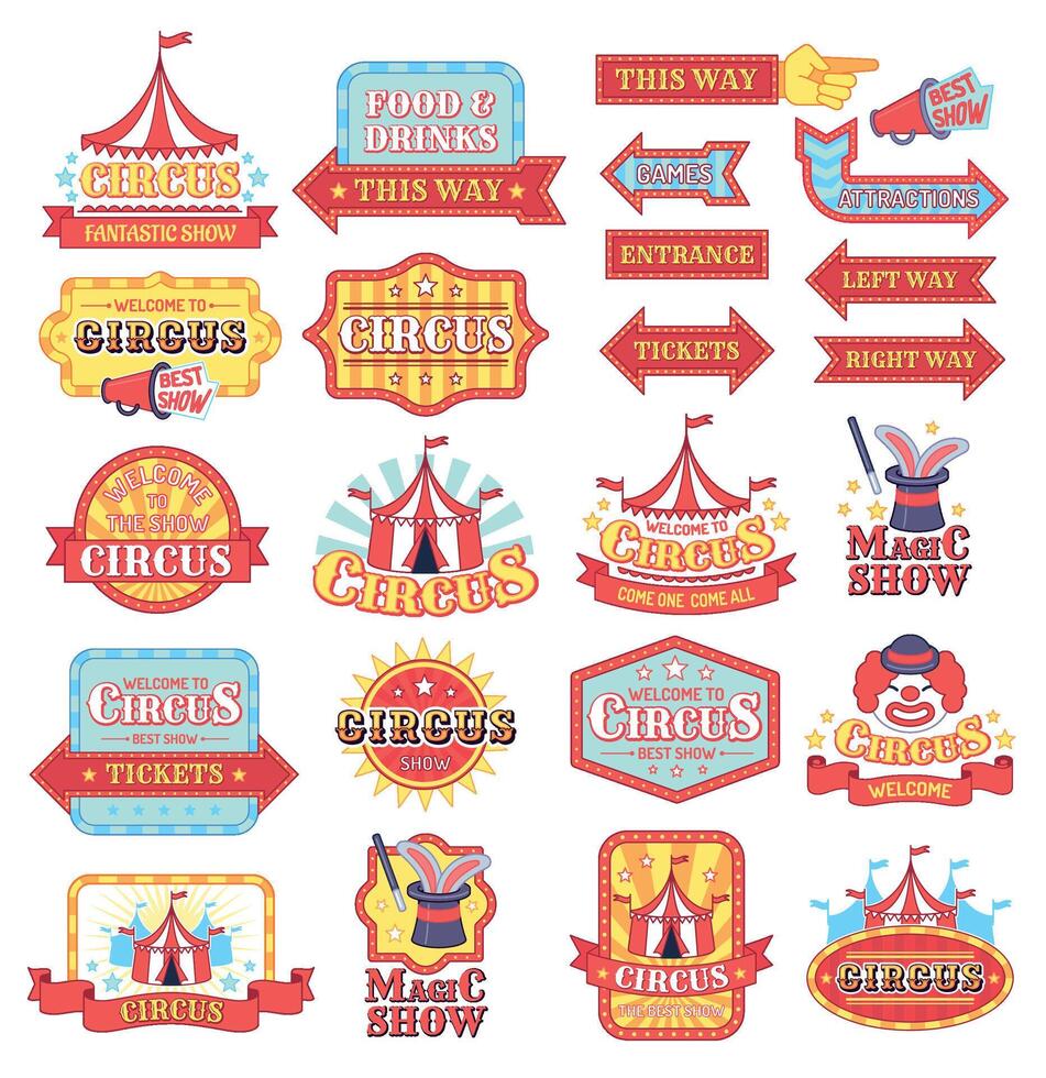 Vintage circus labels, fun entertaiment emblem collection vector