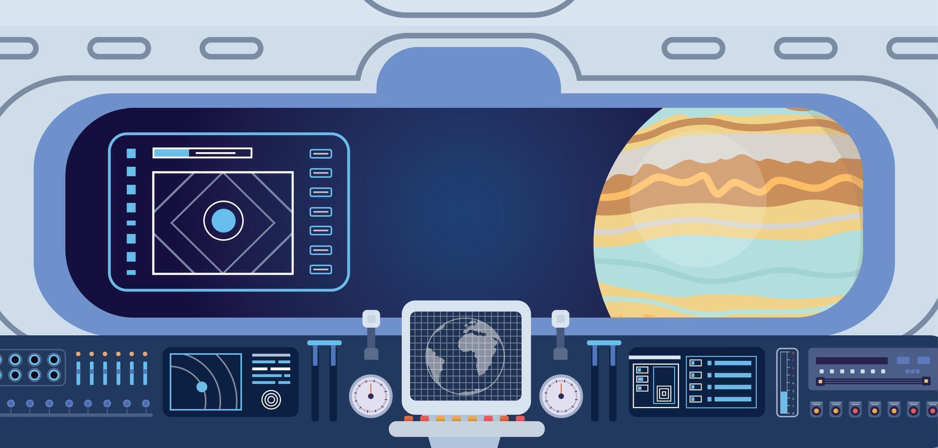 Flat spaceship cabin with control panels dashboard and porthole. Spacecraft screen and buttons. Space navigation center room vector interior