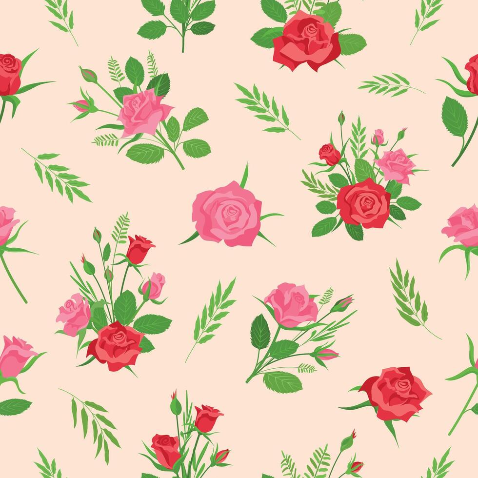 Romantic rose seamless pattern with flowers, buds and herb. Cartoon print with red and pink roses. Floral shabby chic decor vector wallpaper